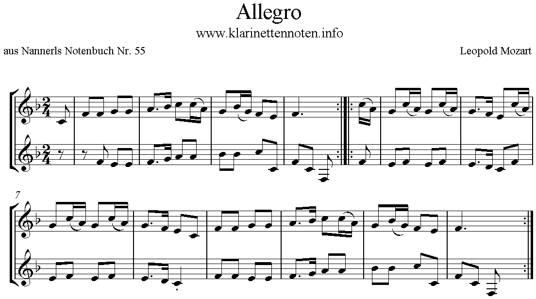 Nannerls Notenbuch, Allegro, KLarinette